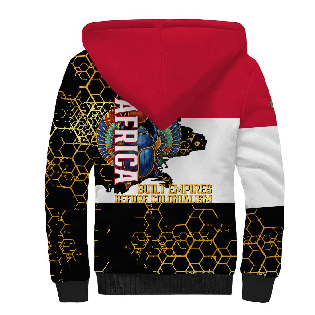 Hatshepsut Sherpa Hoodie with Royal Portrait, Pre-Colonial Empires Text and Red-Black Honeycomb - African Pride