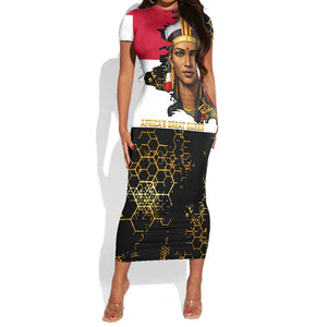 Hatshepsut Short Sleeve Bodycon Dress with Royal Portrait, Pre-Colonial Empires Text and Red-Black Honeycomb - African Pride