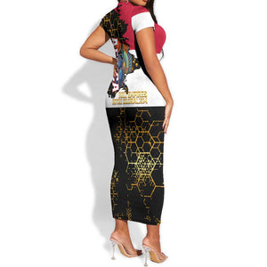 Hatshepsut Short Sleeve Bodycon Dress with Royal Portrait, Pre-Colonial Empires Text and Red-Black Honeycomb - African Pride