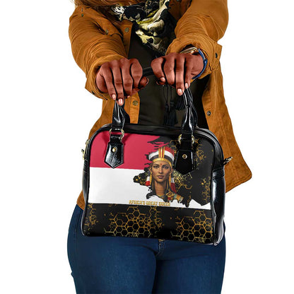 Hatshepsut Shoulder Handbag with Royal Portrait, Pre-Colonial Empires Text and Red-Black Honeycomb - African Pride