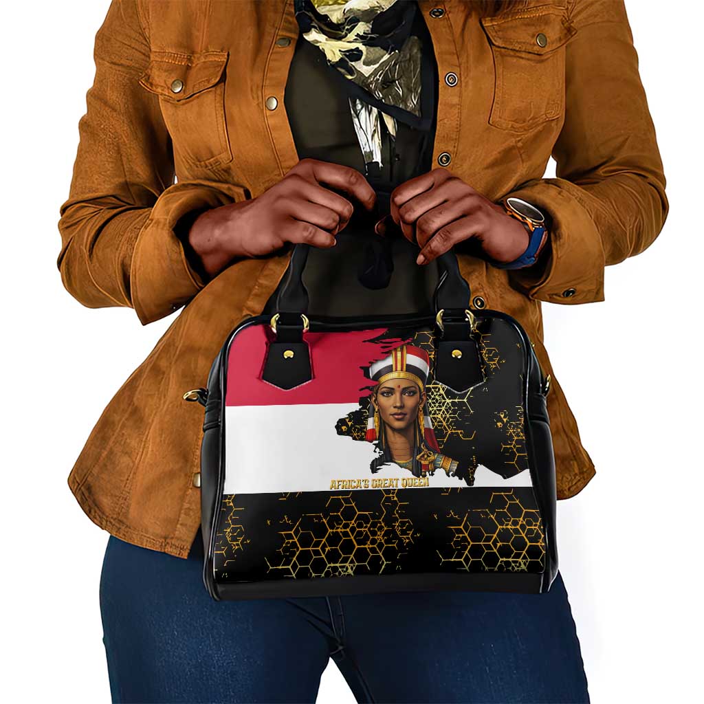 Hatshepsut Shoulder Handbag with Royal Portrait, Pre-Colonial Empires Text and Red-Black Honeycomb - African Pride
