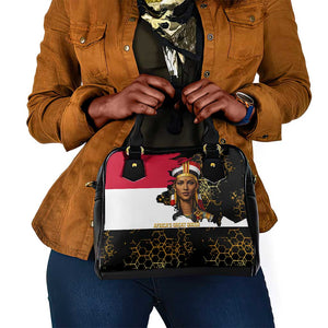 Hatshepsut Shoulder Handbag with Royal Portrait, Pre-Colonial Empires Text and Red-Black Honeycomb - African Pride
