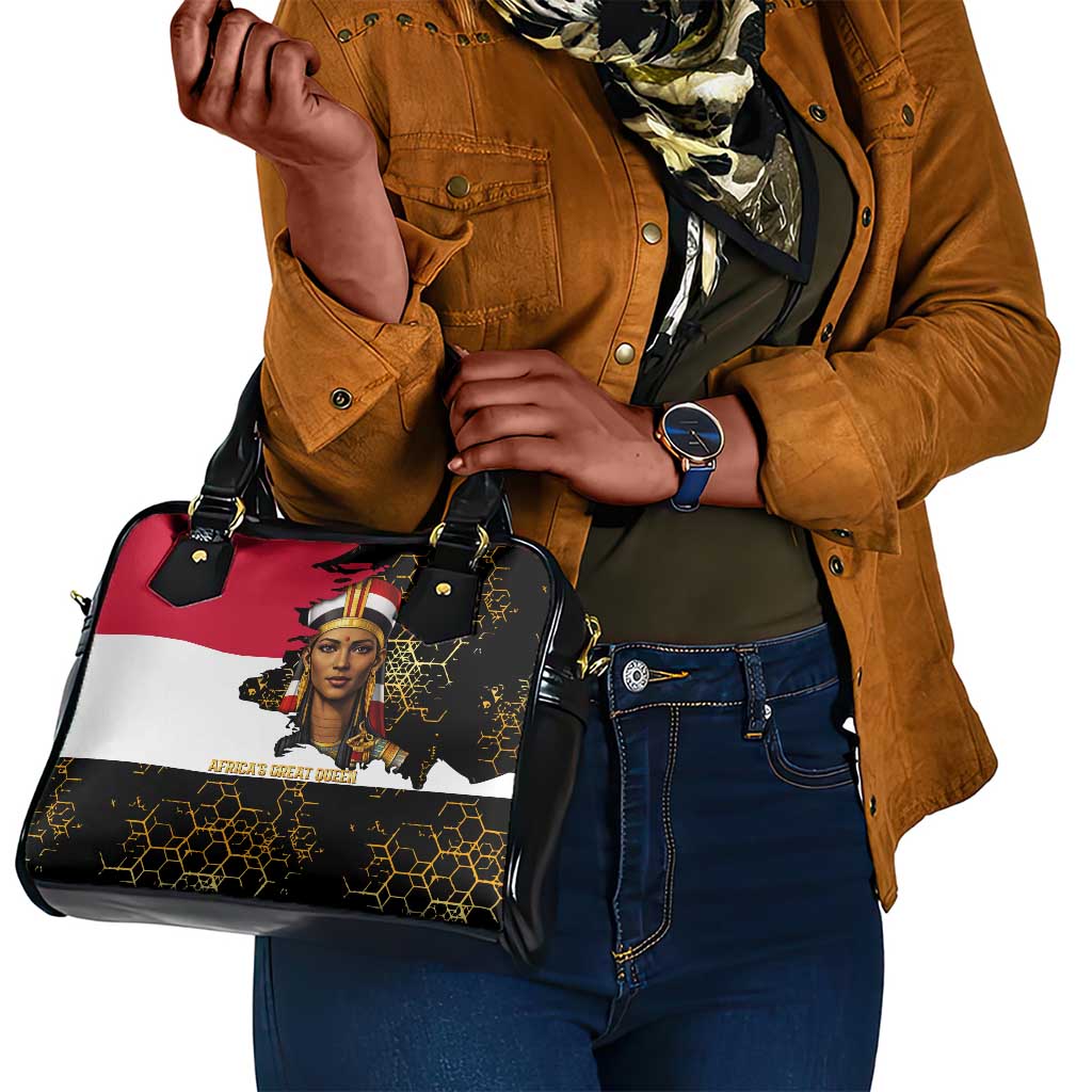 Hatshepsut Shoulder Handbag with Royal Portrait, Pre-Colonial Empires Text and Red-Black Honeycomb - African Pride