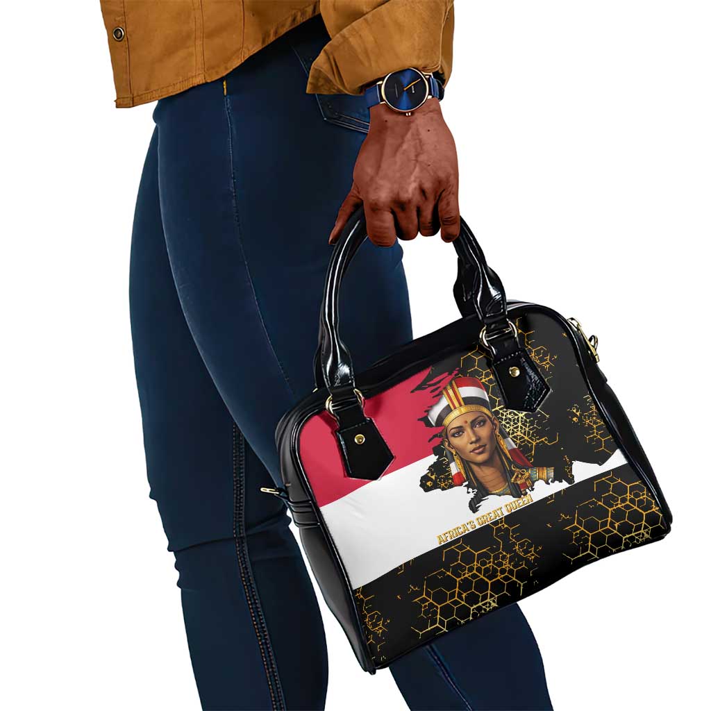 Hatshepsut Shoulder Handbag with Royal Portrait, Pre-Colonial Empires Text and Red-Black Honeycomb - African Pride