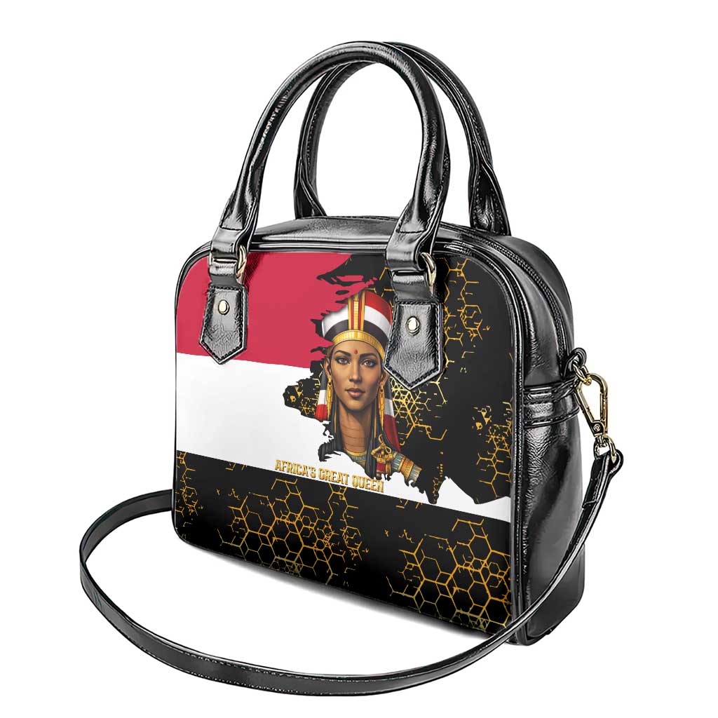 Hatshepsut Shoulder Handbag with Royal Portrait, Pre-Colonial Empires Text and Red-Black Honeycomb - African Pride