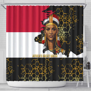 Hatshepsut Shower Curtain with Royal Portrait, Pre-Colonial Empires Text and Red-Black Honeycomb - African Pride