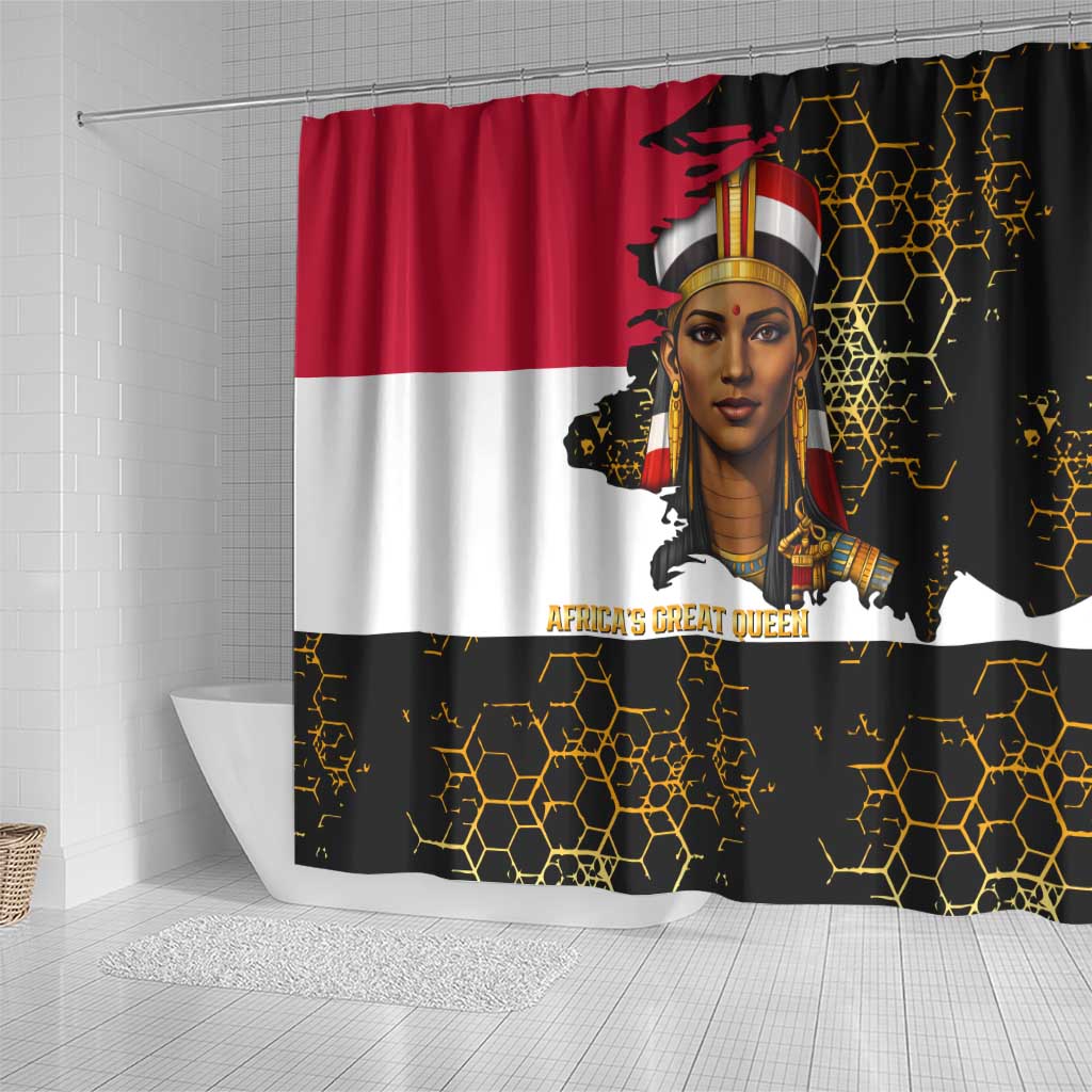 Hatshepsut Shower Curtain with Royal Portrait, Pre-Colonial Empires Text and Red-Black Honeycomb - African Pride