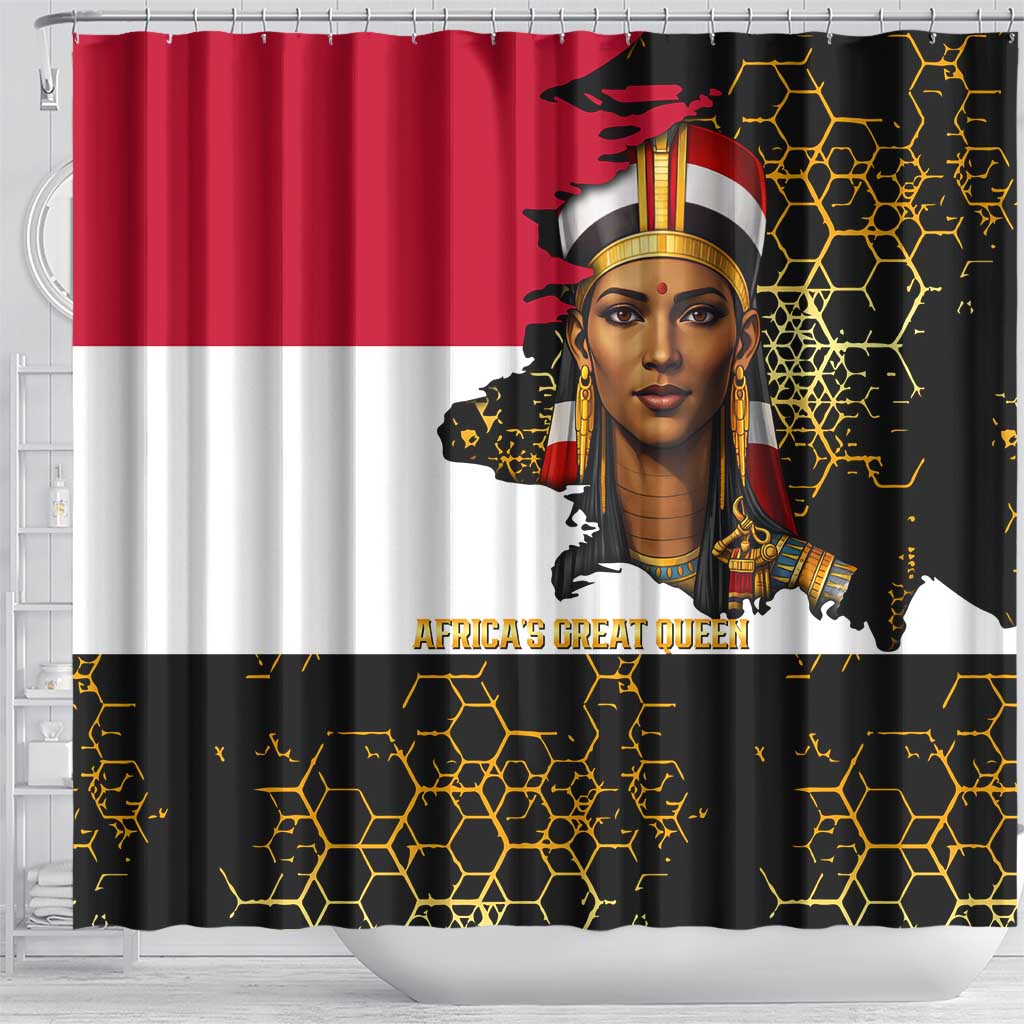 Hatshepsut Shower Curtain with Royal Portrait, Pre-Colonial Empires Text and Red-Black Honeycomb - African Pride