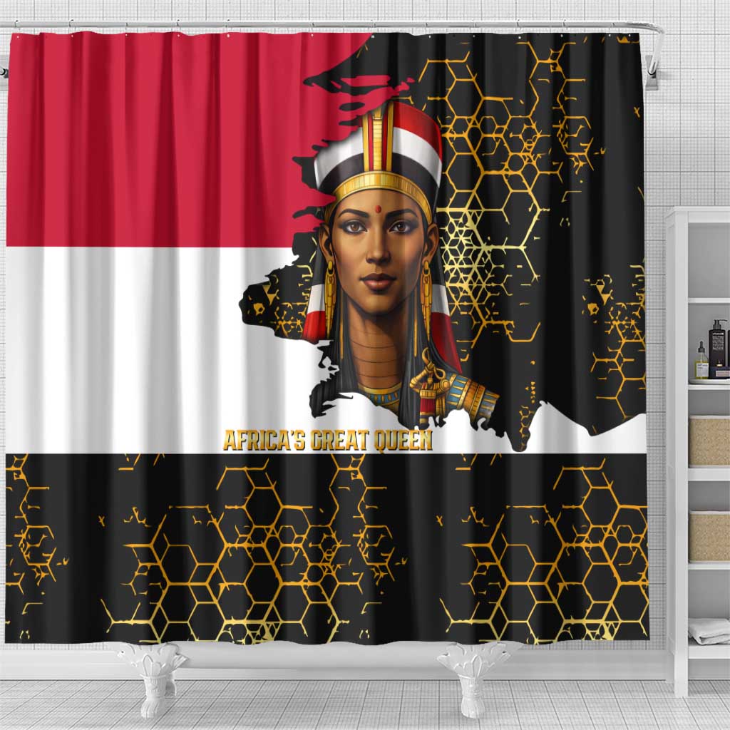 Hatshepsut Shower Curtain with Royal Portrait, Pre-Colonial Empires Text and Red-Black Honeycomb - African Pride