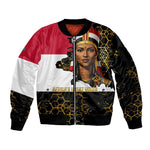 Hatshepsut Sleeve Zip Bomber Jacket with Royal Portrait, Pre-Colonial Empires Text and Red-Black Honeycomb - African Pride