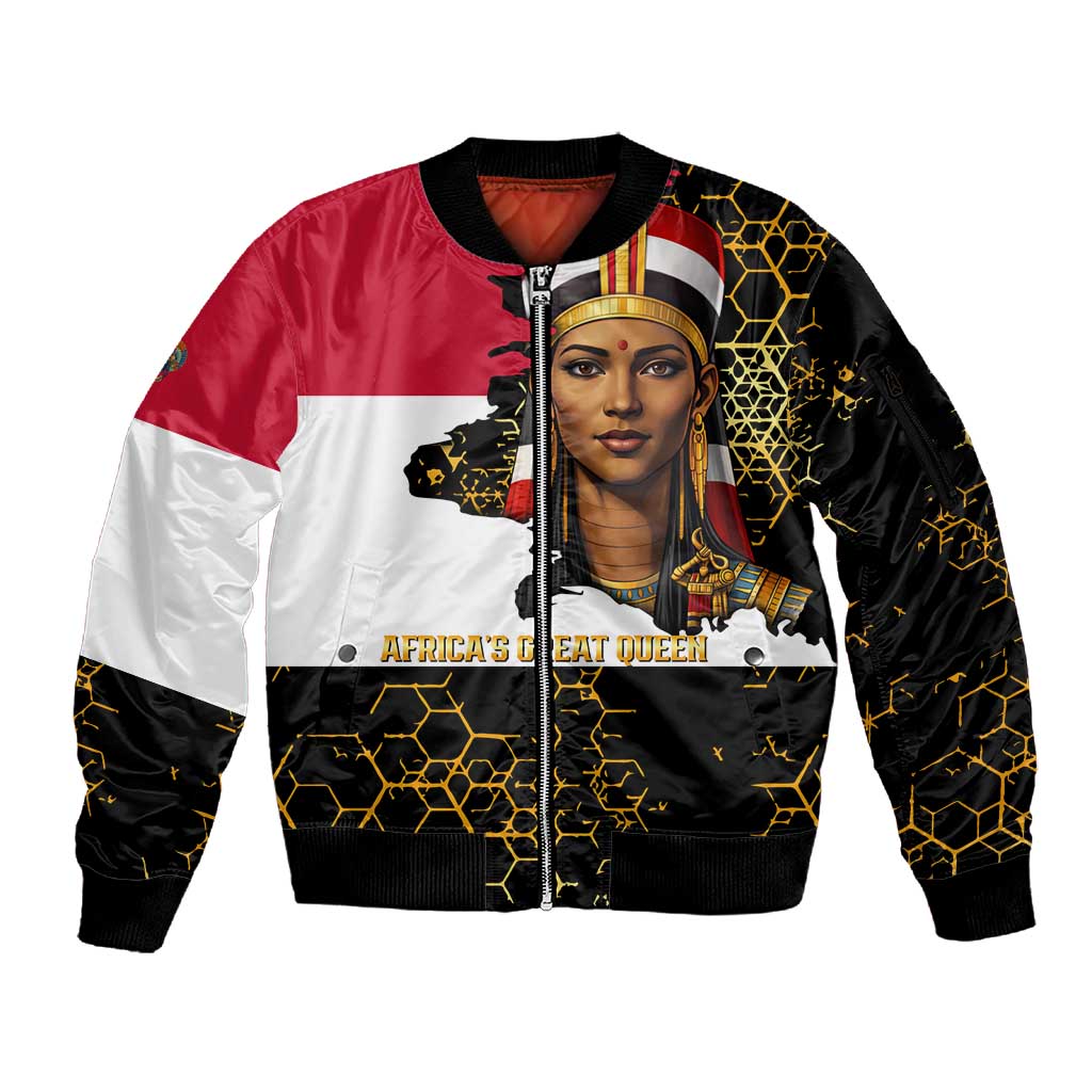 Hatshepsut Sleeve Zip Bomber Jacket with Royal Portrait, Pre-Colonial Empires Text and Red-Black Honeycomb - African Pride