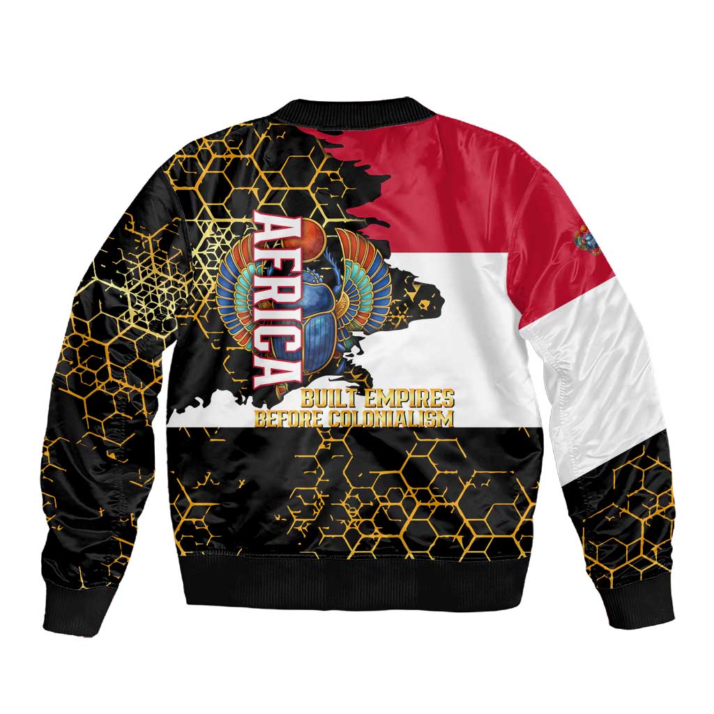 Hatshepsut Sleeve Zip Bomber Jacket with Royal Portrait, Pre-Colonial Empires Text and Red-Black Honeycomb - African Pride