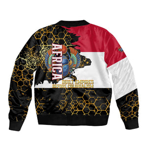 Hatshepsut Sleeve Zip Bomber Jacket with Royal Portrait, Pre-Colonial Empires Text and Red-Black Honeycomb - African Pride