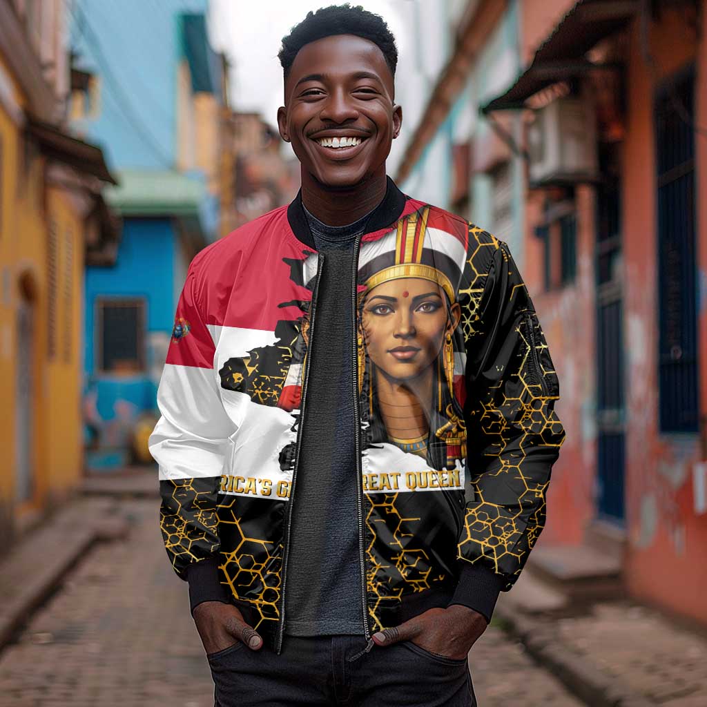 Hatshepsut Sleeve Zip Bomber Jacket with Royal Portrait, Pre-Colonial Empires Text and Red-Black Honeycomb - African Pride