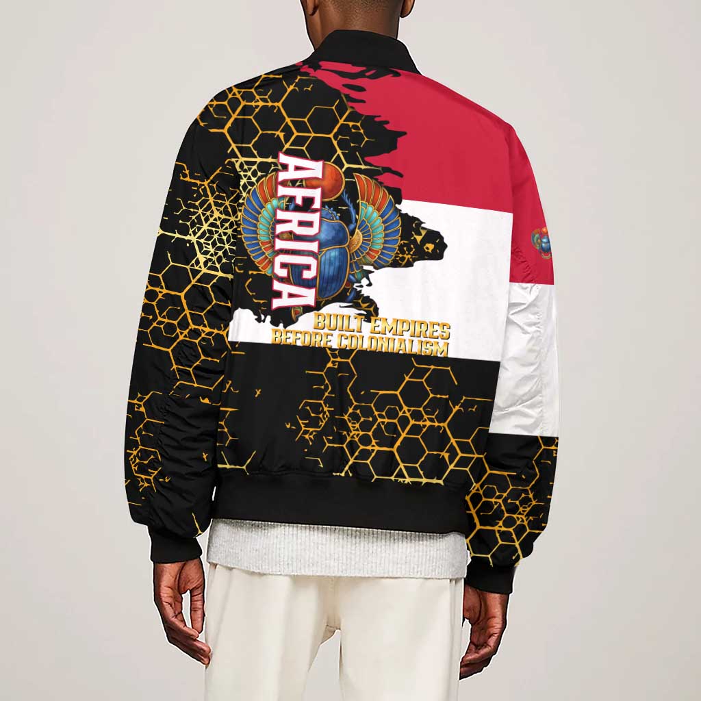 Hatshepsut Sleeve Zip Bomber Jacket with Royal Portrait, Pre-Colonial Empires Text and Red-Black Honeycomb - African Pride