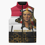 Hatshepsut Sleeveless Puffer Jacket with Royal Portrait, Pre-Colonial Empires Text and Red-Black Honeycomb - African Pride