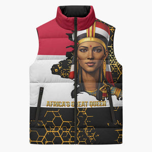 Hatshepsut Sleeveless Puffer Jacket with Royal Portrait, Pre-Colonial Empires Text and Red-Black Honeycomb - African Pride