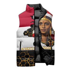 Hatshepsut Sleeveless Puffer Jacket with Royal Portrait, Pre-Colonial Empires Text and Red-Black Honeycomb - African Pride