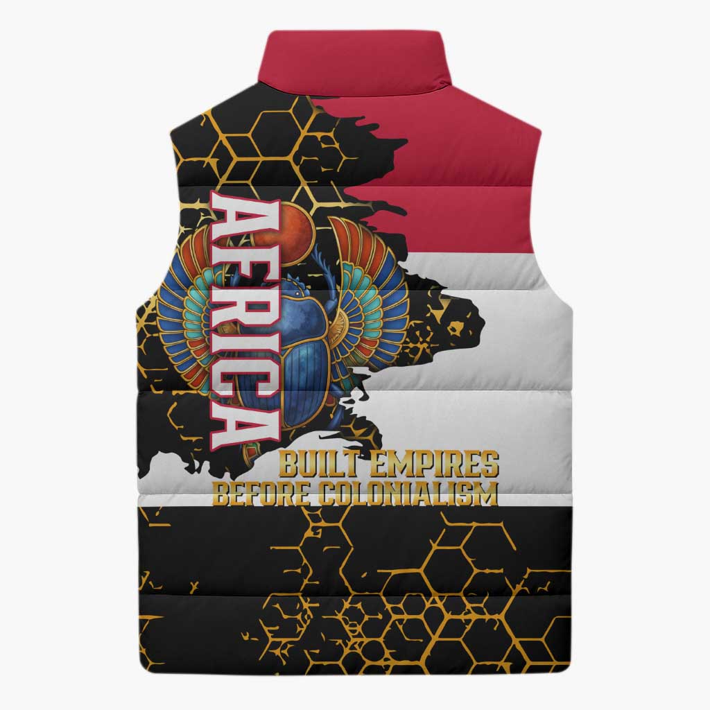 Hatshepsut Sleeveless Puffer Jacket with Royal Portrait, Pre-Colonial Empires Text and Red-Black Honeycomb - African Pride