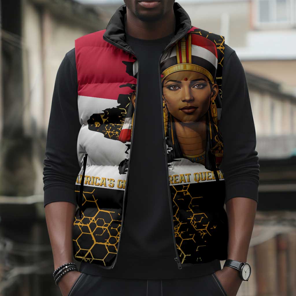 Hatshepsut Sleeveless Puffer Jacket with Royal Portrait, Pre-Colonial Empires Text and Red-Black Honeycomb - African Pride
