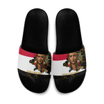 Hatshepsut Slide Sandals with Royal Portrait, Pre-Colonial Empires Text and Red-Black Honeycomb - African Pride