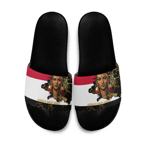 Hatshepsut Slide Sandals with Royal Portrait, Pre-Colonial Empires Text and Red-Black Honeycomb - African Pride