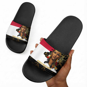 Hatshepsut Slide Sandals with Royal Portrait, Pre-Colonial Empires Text and Red-Black Honeycomb - African Pride