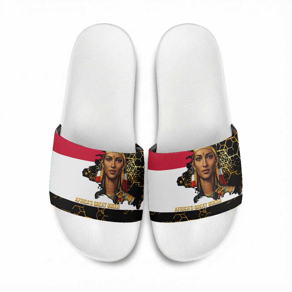 Hatshepsut Slide Sandals with Royal Portrait, Pre-Colonial Empires Text and Red-Black Honeycomb - African Pride
