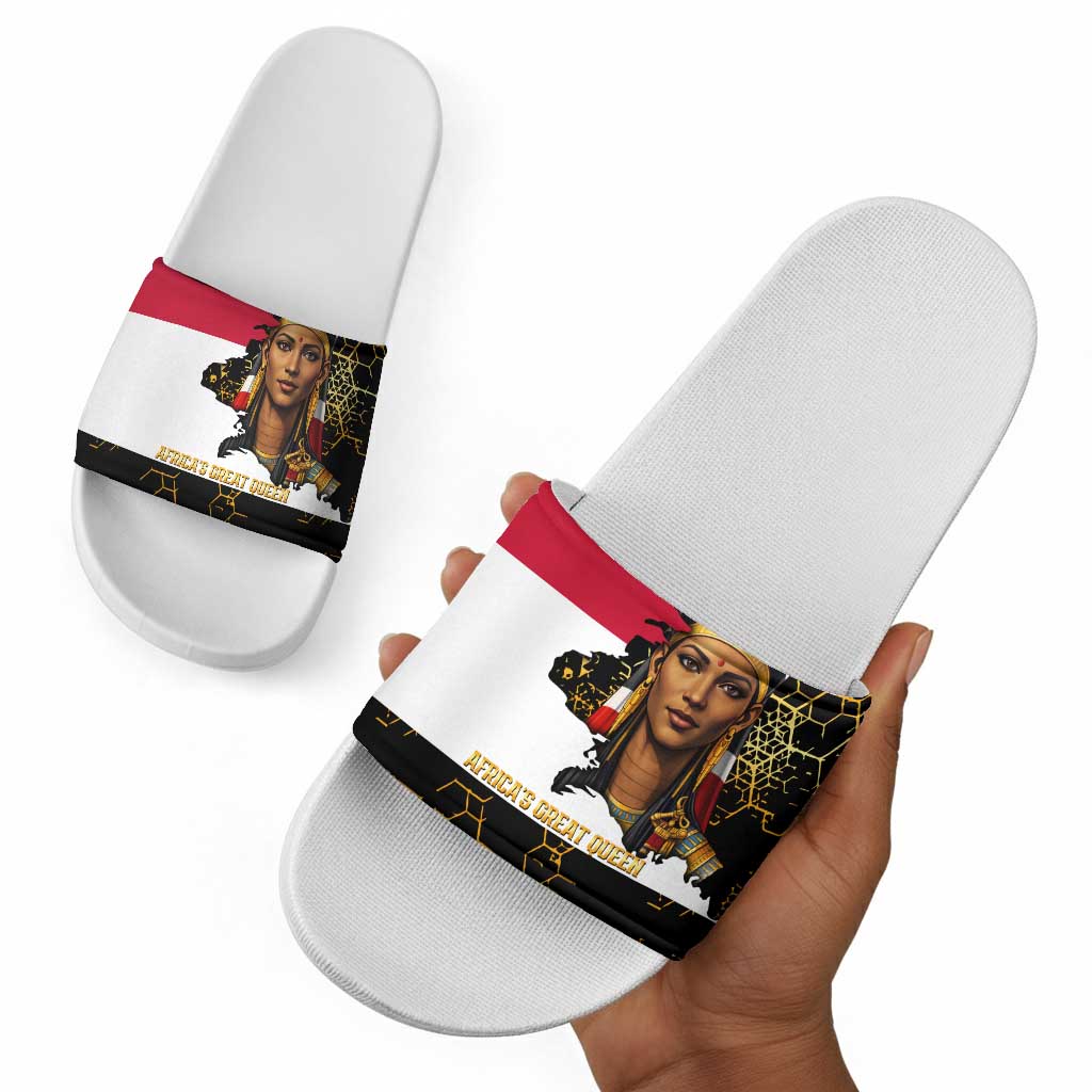Hatshepsut Slide Sandals with Royal Portrait, Pre-Colonial Empires Text and Red-Black Honeycomb - African Pride