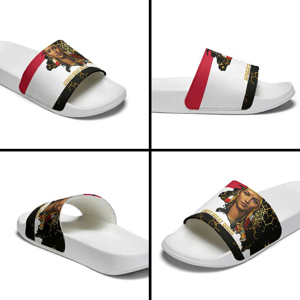 Hatshepsut Slide Sandals with Royal Portrait, Pre-Colonial Empires Text and Red-Black Honeycomb - African Pride