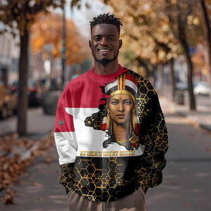 Hatshepsut Sweatshirt with Royal Portrait, Pre-Colonial Empires Text and Red-Black Honeycomb - African Pride