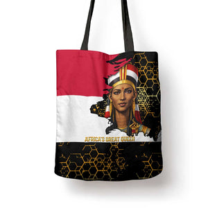 Hatshepsut Tote Bag with Royal Portrait, Pre-Colonial Empires Text and Red-Black Honeycomb - African Pride