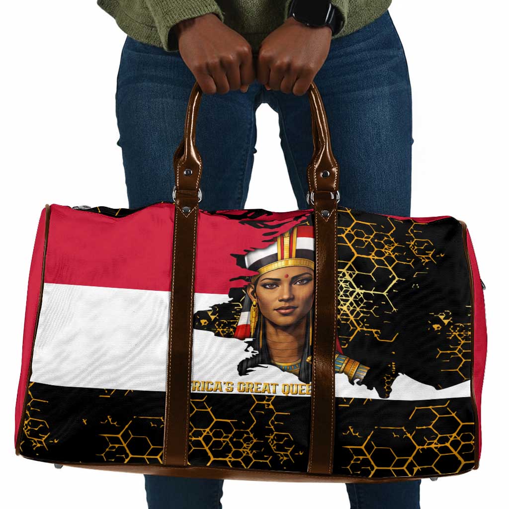 Hatshepsut Travel Bag with Royal Portrait, Pre-Colonial Empires Text and Red-Black Honeycomb - African Pride