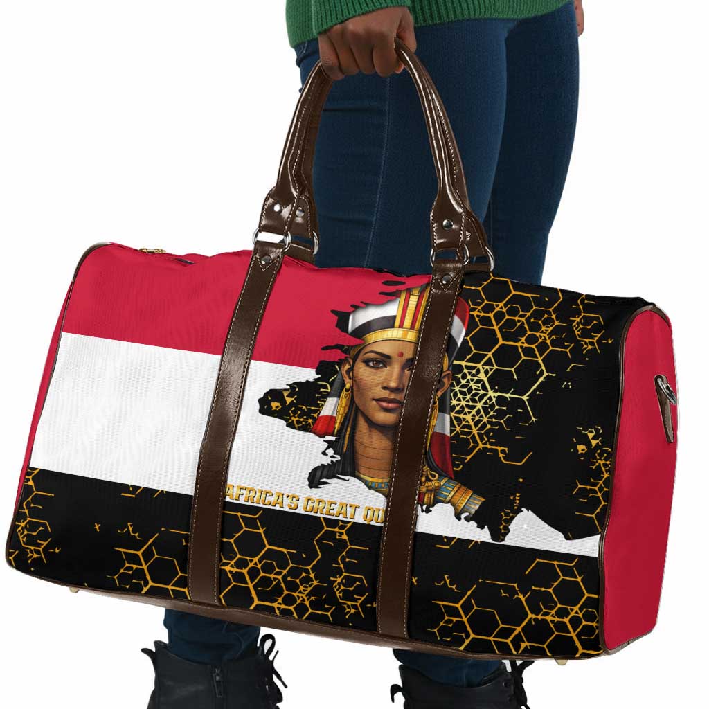 Hatshepsut Travel Bag with Royal Portrait, Pre-Colonial Empires Text and Red-Black Honeycomb - African Pride