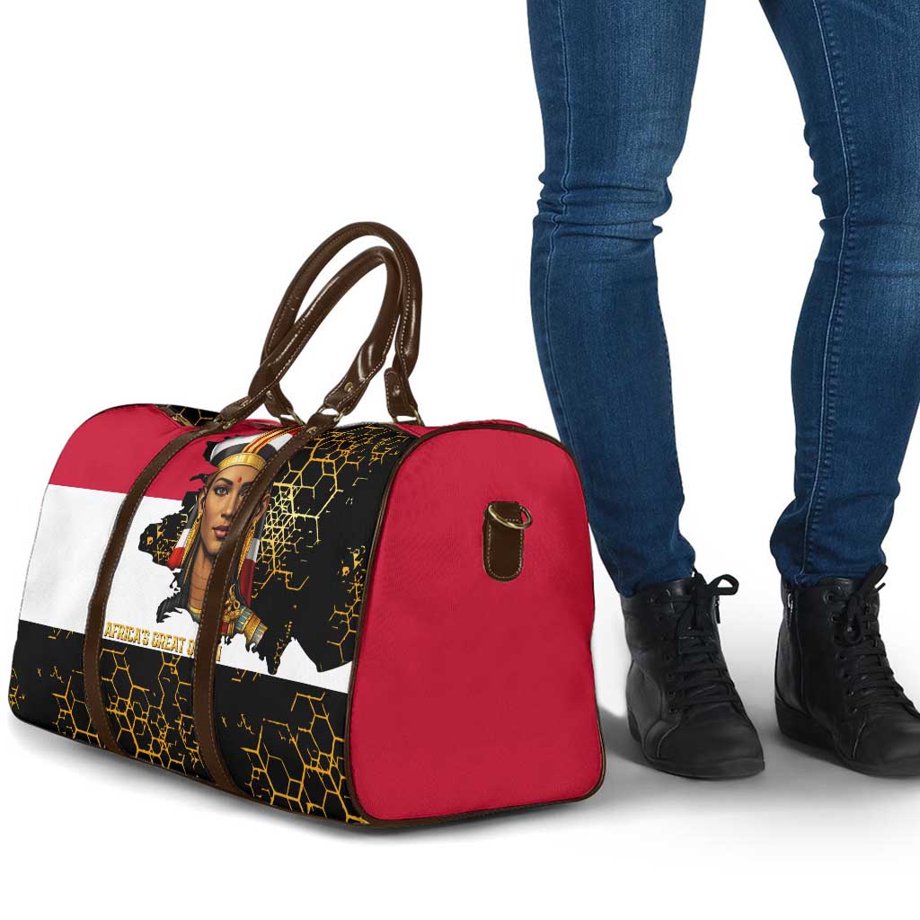 Hatshepsut Travel Bag with Royal Portrait, Pre-Colonial Empires Text and Red-Black Honeycomb - African Pride