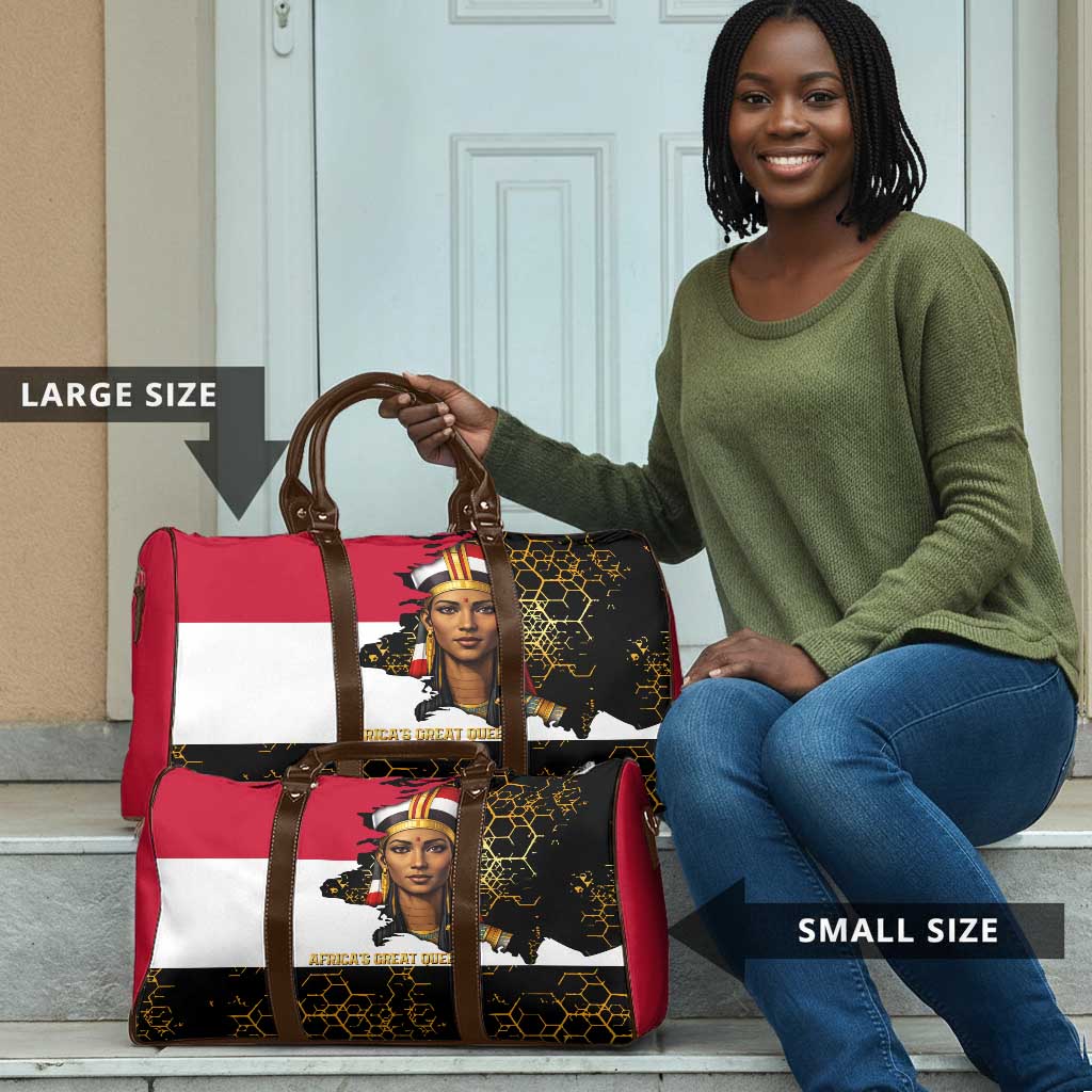Hatshepsut Travel Bag with Royal Portrait, Pre-Colonial Empires Text and Red-Black Honeycomb - African Pride