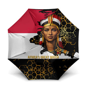Hatshepsut Umbrella with Royal Portrait, Pre-Colonial Empires Text and Red-Black Honeycomb - African Pride