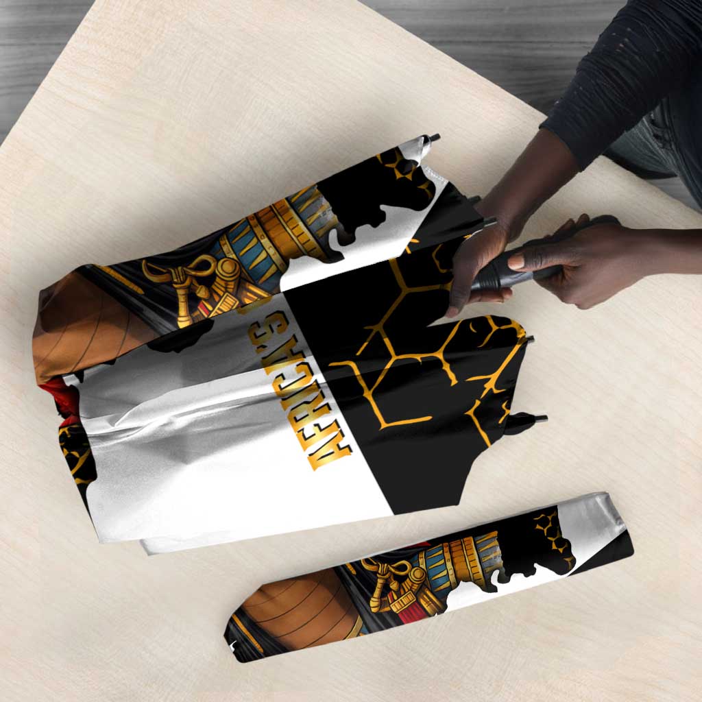 Hatshepsut Umbrella with Royal Portrait, Pre-Colonial Empires Text and Red-Black Honeycomb - African Pride