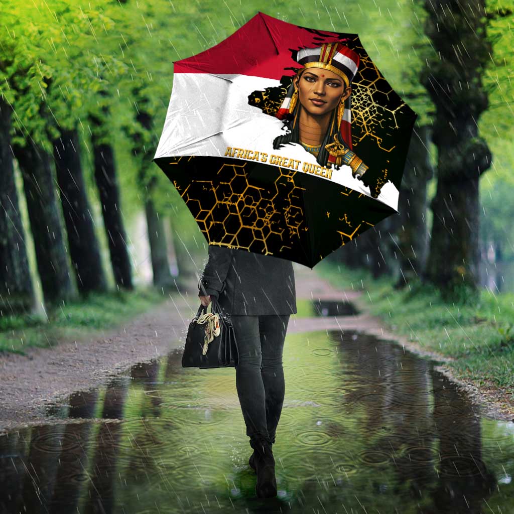 Hatshepsut Umbrella with Royal Portrait, Pre-Colonial Empires Text and Red-Black Honeycomb - African Pride