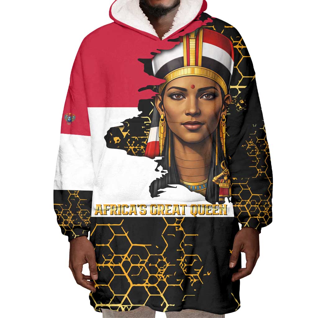 Hatshepsut Wearable Blanket Hoodie with Royal Portrait, Pre-Colonial Empires Text and Red-Black Honeycomb - African Pride