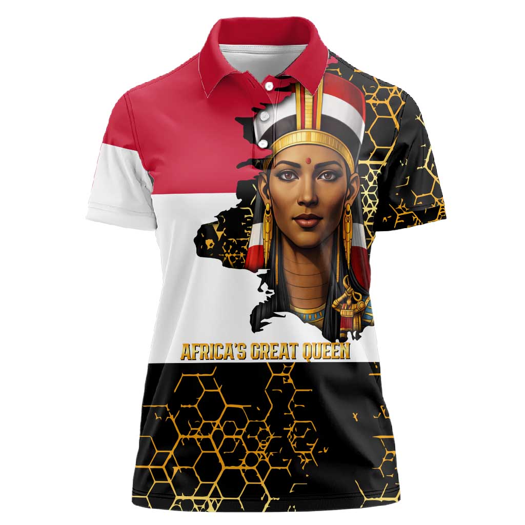 Hatshepsut Women Polo Shirt with Royal Portrait, Pre-Colonial Empires Text and Red-Black Honeycomb - African Pride