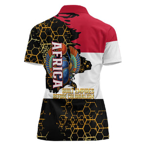 Hatshepsut Women Polo Shirt with Royal Portrait, Pre-Colonial Empires Text and Red-Black Honeycomb - African Pride