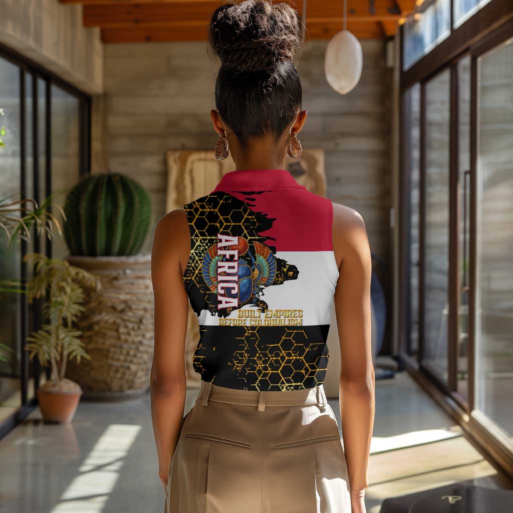 Hatshepsut Women Sleeveless Polo Shirt with Royal Portrait, Pre-Colonial Empires Text and Red-Black Honeycomb - African Pride