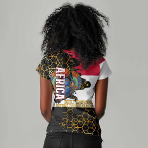 Hatshepsut Women V-Neck T-Shirt with Royal Portrait, Pre-Colonial Empires Text and Red-Black Honeycomb - African Pride