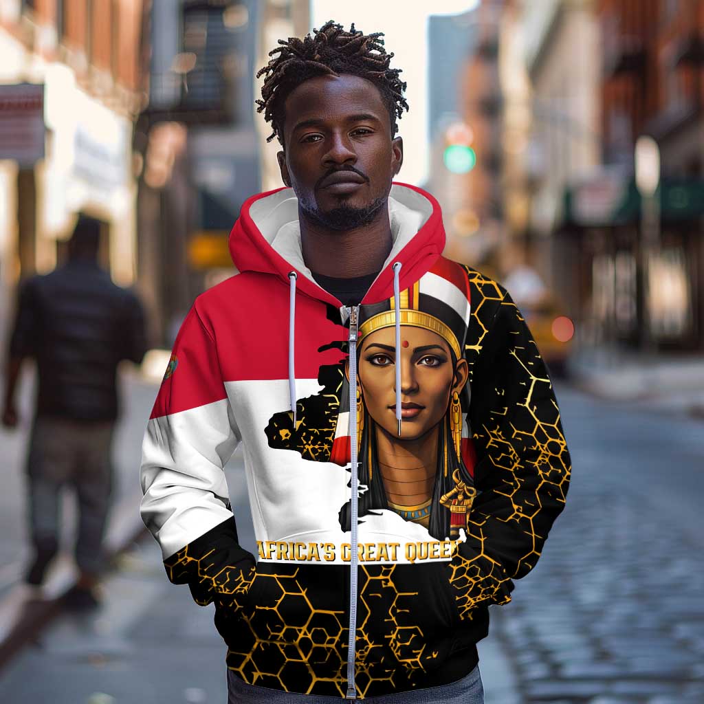 Hatshepsut Zip Hoodie with Royal Portrait, Pre-Colonial Empires Text and Red-Black Honeycomb - African Pride