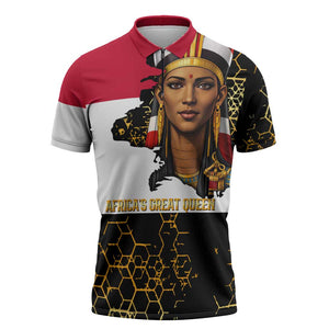 Hatshepsut Zipper Polo Shirt with Royal Portrait, Pre-Colonial Empires Text and Red-Black Honeycomb - African Pride