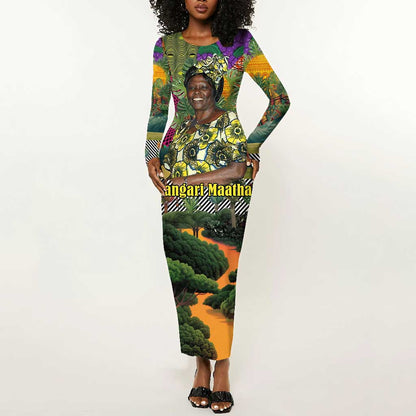 Wangari Maathai Long Sleeve Bodycon Dress Colorful Nature-Inspired Design Empowerment Quote African Print Environmental - African Pride