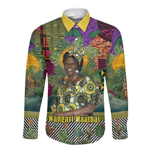 Wangari Maathai Long Sleeve Button Shirt Colorful Nature-Inspired Design Empowerment Quote African Print Environmental - African Pride