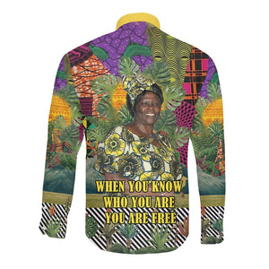 Wangari Maathai Long Sleeve Button Shirt Colorful Nature-Inspired Design Empowerment Quote African Print Environmental - African Pride