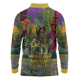 Wangari Maathai Long Sleeve Polo Shirt Colorful Nature-Inspired Design Empowerment Quote African Print Environmental - African Pride